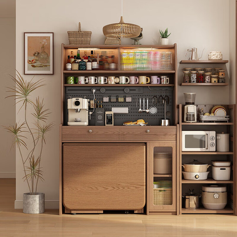 He Jiagong solid wood sideboard dining table integrated wall storage cabinet high cabinet household wine cabinet storage storage cabinet with folding dining table 0.87m solid wood sideboard + (80CM-185CM retractable