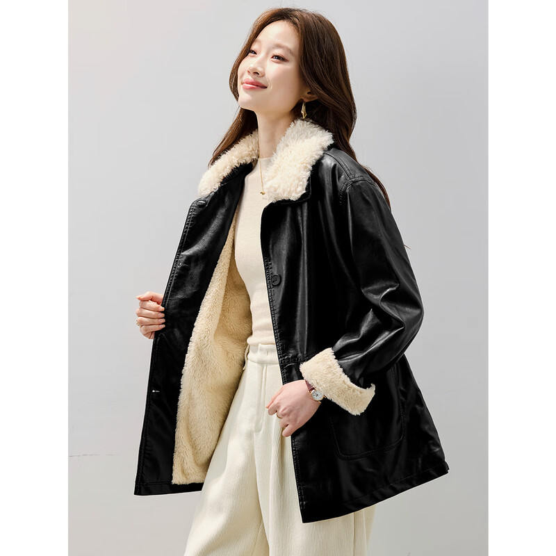 TERRE BLEUE fur collar leather jacket for women 2025 winter new casual business commuting plus velvet thickened women's leather jacket