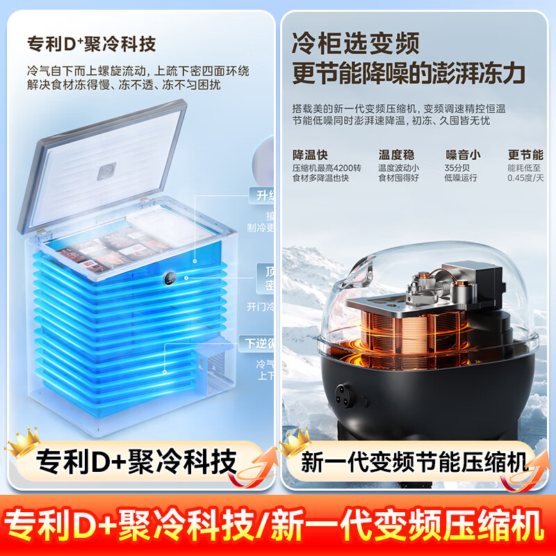 Midea automatic defrost household freezer 200 liters horizontal freezer commercial large capacity first-class energy efficiency ultra-low temperature -30 degree cryogenic quick freeze small tea cabinet 143KEMS/-40 degree quick freezing/alloy liner/143L