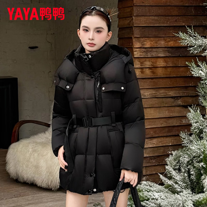 Yaya Ju Jingyi same style down jacket women's mid-length 2025 winter new fashion temperament waist warm thick coat DS starry sky black M