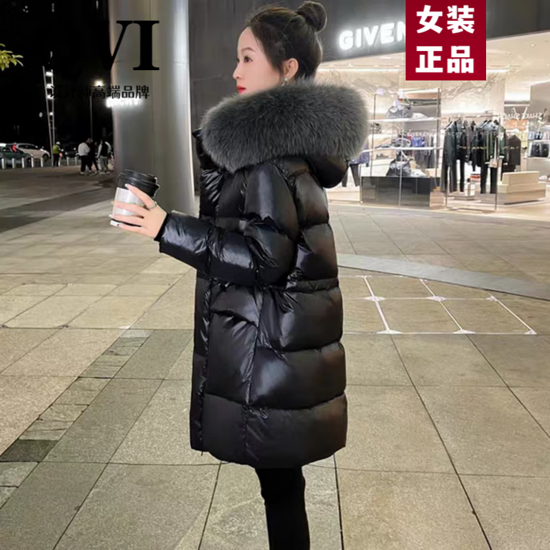 QVI high-end brand down jacket women's mid-length 2025 winter new style fashionable loose slimming thickened white duck down jacket black (real fox big fur collar) XL 130-145 catties