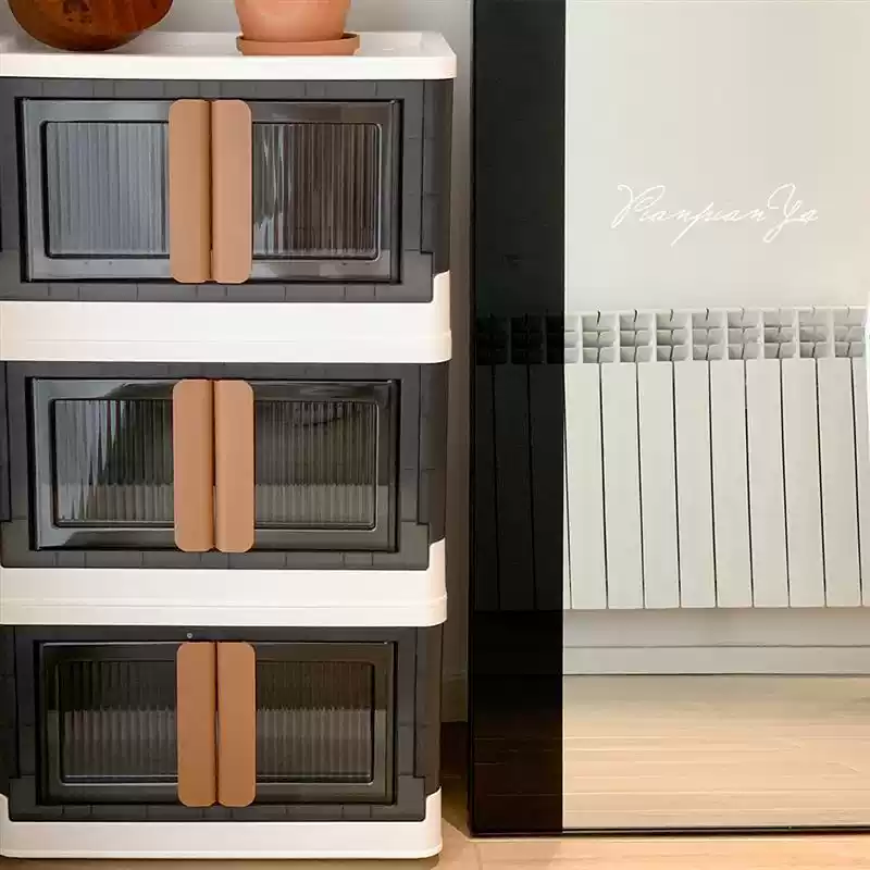 Floor-standing multi-layer double-door clothing storage box with rollers and installation-free plastic folding box underwear box mini box milk white-brown See details