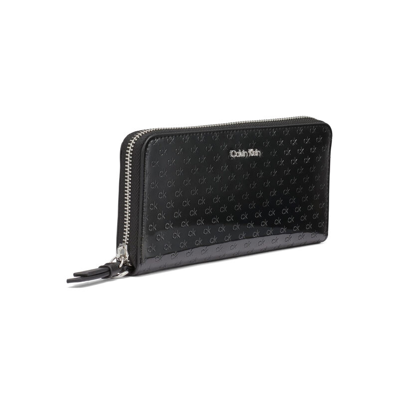 Calvin Klein Key Item Cross Pattern European Zip Wallet with Wrist Strap, Black/Silver Patent Embossed, One Size Black/Silver Patent Embossed One Size