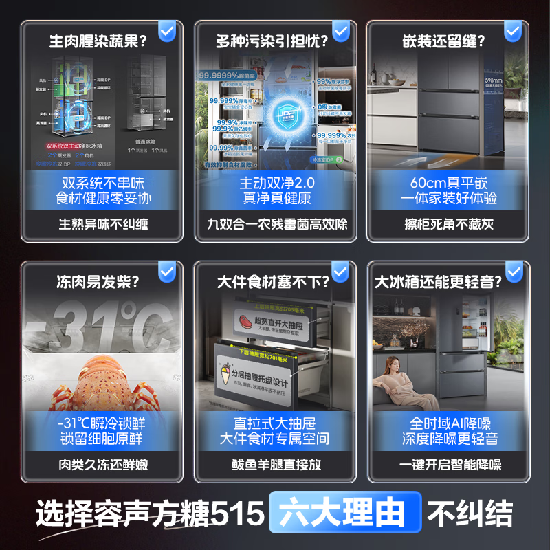 Rongsheng Cube Sugar 515L French-style multi-door refrigerator dual system ultra-thin zero-embedded active sterilization first-level energy efficiency frost-free gray BCD-515P60FZMAD National Subsidy World Cup Sugar Cube Series | Pure Odor Dual System | 515 Gray