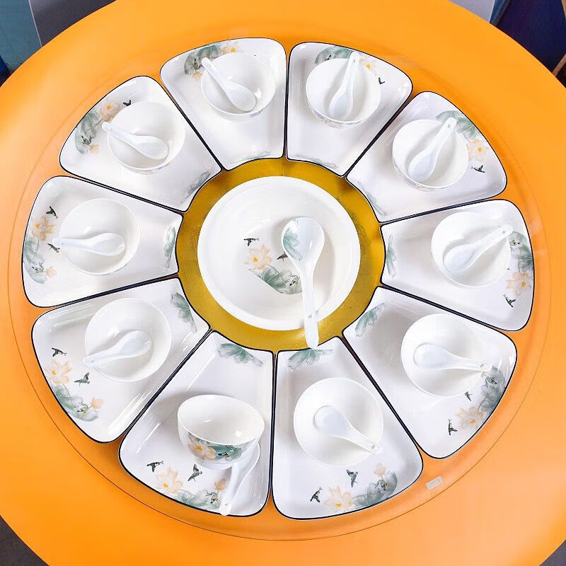 Xiongwochi Ceramics Household Reunion Bowls and Dishes Platter Reunion Dinner Tableware Combination Fan-shaped Dish Plate Creative Set 520 Lotus Nine-piece Uncovered Platter Diameter 60cm