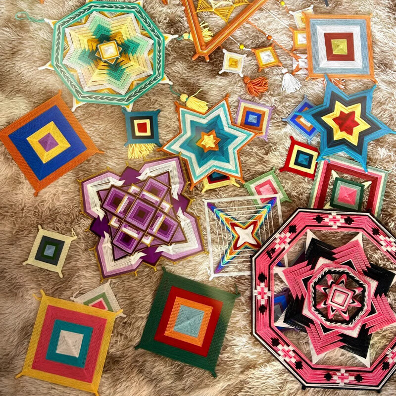 Wilkie Mandala hand-knitting material package hand-made yarn kindergarten DIY decoration children's large class weaving flower basket random color 4 rolls of yarn + 10 30cm sticks