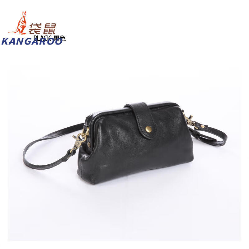 Kangaroo (KANGAROO) launches new 2026 first-layer vegetable tanned cowhide mini box bag with gold design casual crossbody bag simple light luxury women's bag black (renewed texture)