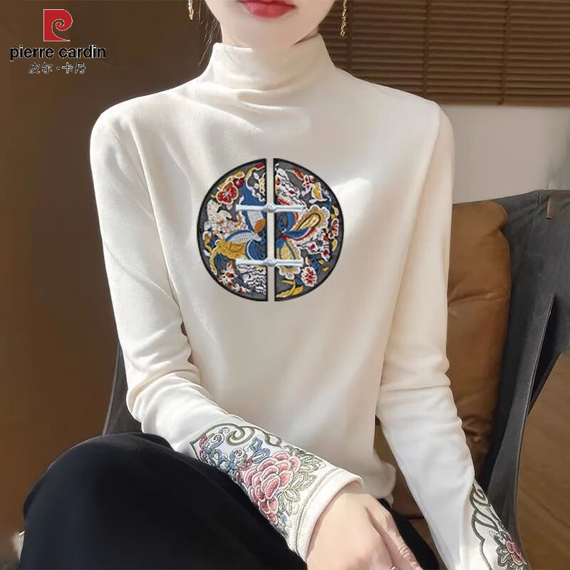 Pierre Cardin Autumn and Winter Half Turtle Collar German Velvet Bottoming Shirt for Women Retro Ethnic Style Long Sleeve Chinese T-shirt National Style Embroidery Warmth 2026 Apricot Solid Color XL 115-130 Jin