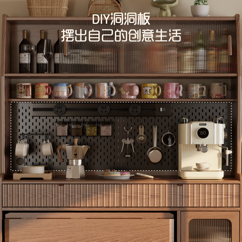 He Jiagong solid wood sideboard dining table integrated wall storage cabinet wine cabinet modern simple storage cabinet kitchen with dining table cabinet sideboard 120CM-walnut color