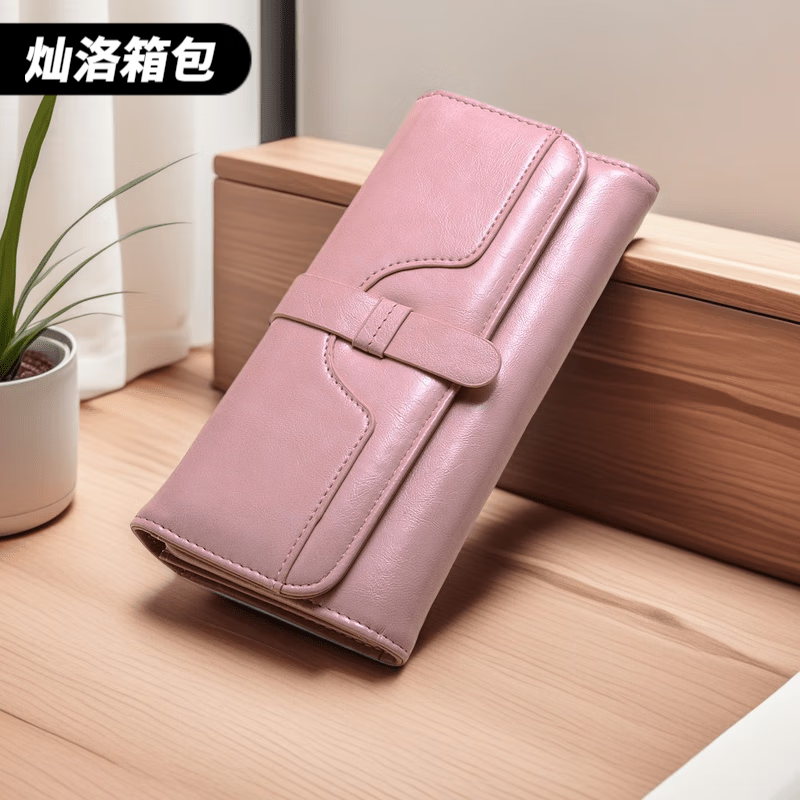 Ye Yu Ms. Wallet Long Oil Wax Leather Fashion Buckle Three-fold Solid Color Women's Multi-Card Slot Card Holder Simple Folding Wallet Pink