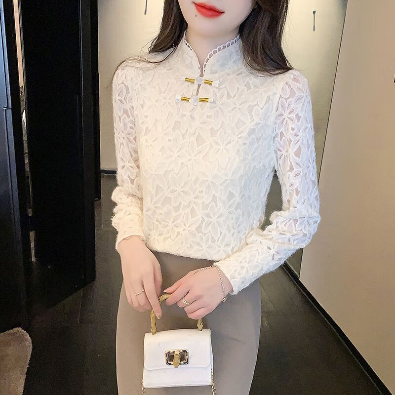 Pierre Cardin lace bottoming shirt for women 2025 autumn and winter new style new Chinese style plus velvet thickened buckle western style inner top for women apricot full body plus velvet S recommended 80-90 pounds