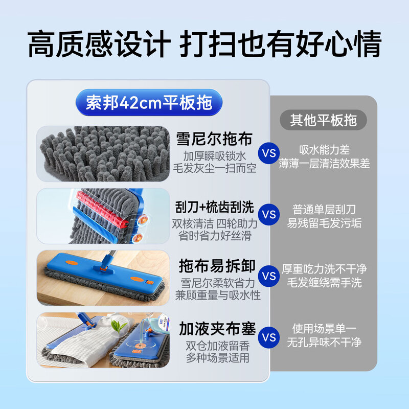 Sorbonne flat mop 42cm2 cloth household one mop free hand wash 2025 lazy mop artifact chenille mop