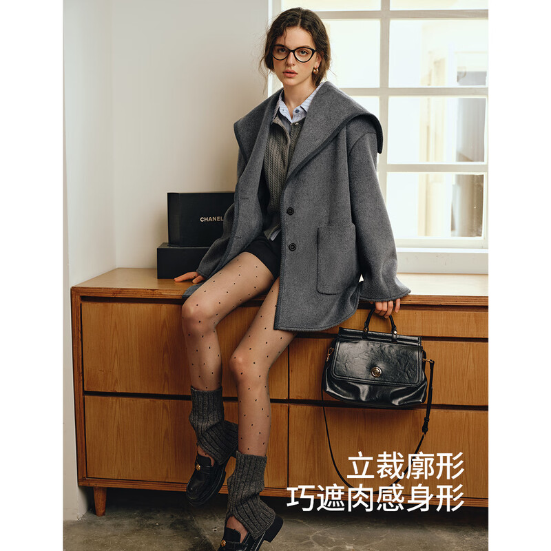 Olrain new women's winter gray temperament luxury warm mid-length wool double-sided woolen coat top gray M