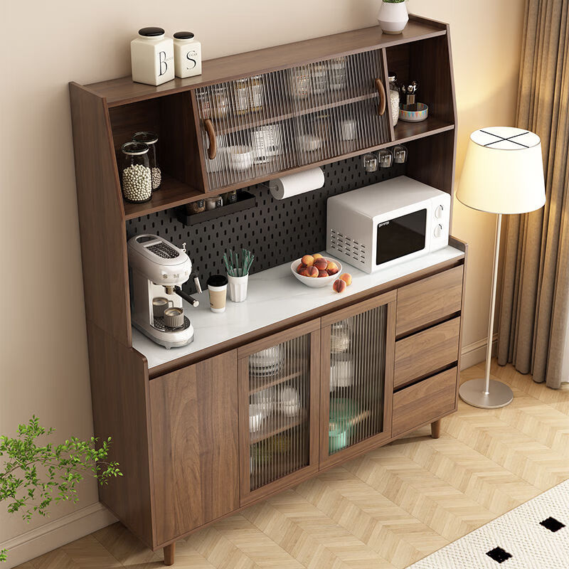 Banfik solid wood sideboard integrated wall-mounted Nordic modern living room wine cabinet tea cabinet multi-functional kitchen storage cabinet solid wood board walnut glass door 140