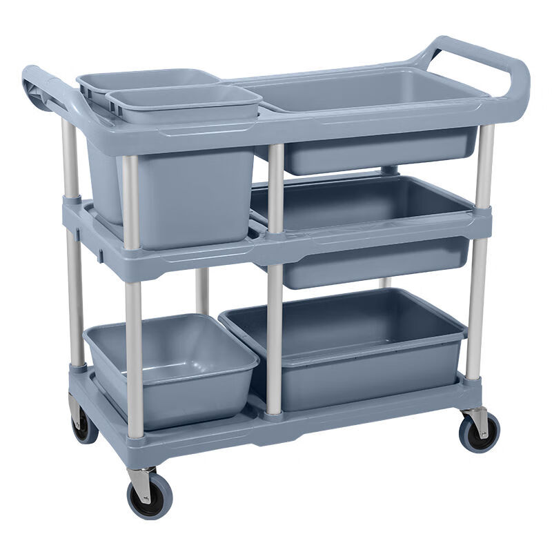 BEYZK hotel dining cart three-layer trolley storage hanging bucket bowl collection cart with trash can multi-functional plastic restaurant hotel extra thick medium square tube dining wheel + invoicing standard