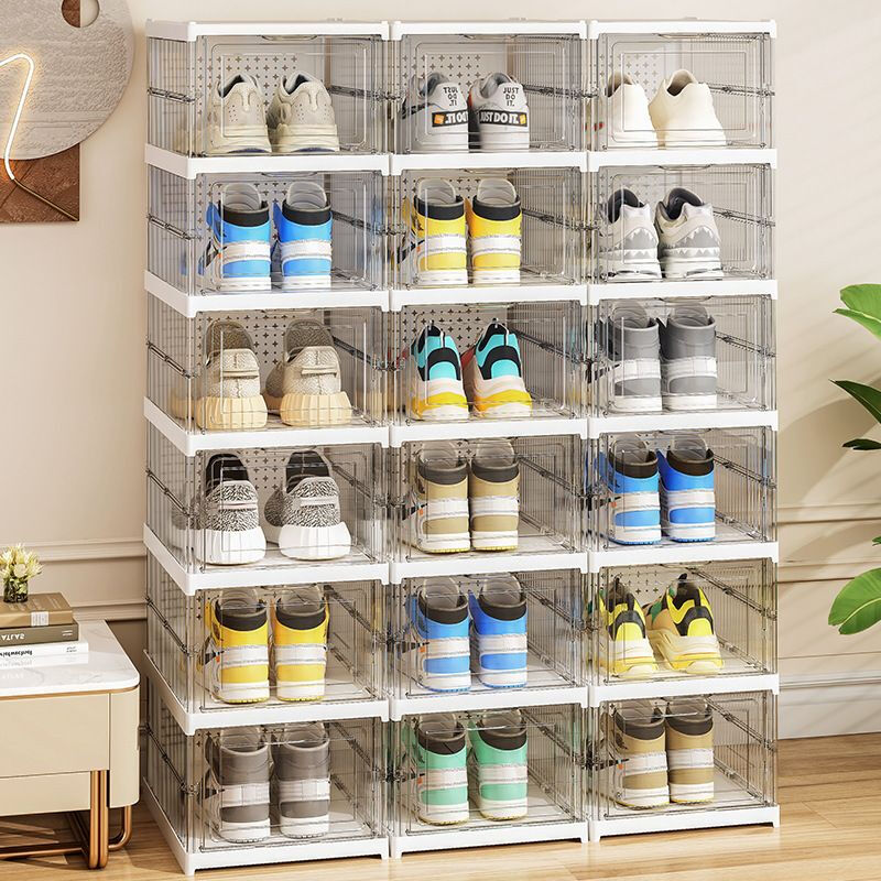 Knock-in-one shoe box household multi-layer foldable magnetic shoe cabinet dust-proof and installation-free transparent shoe storage cabinet storage box