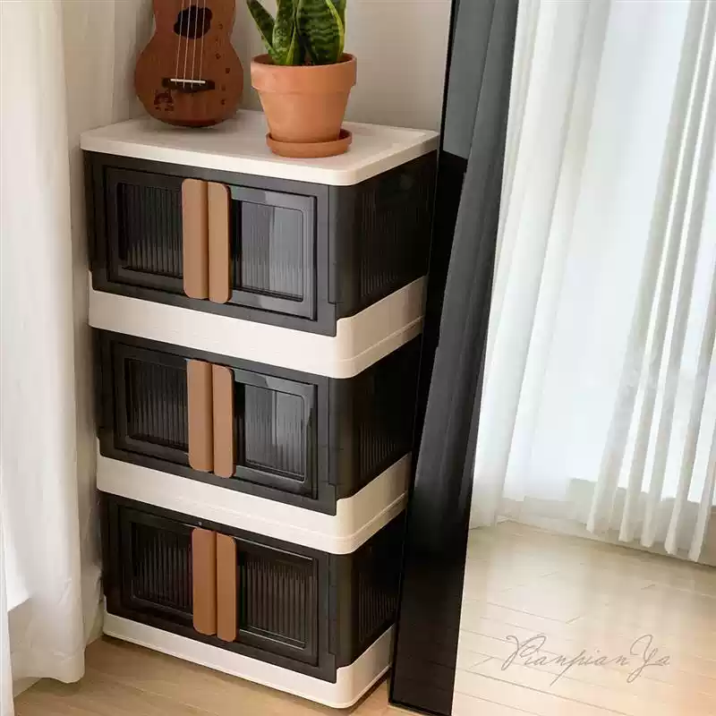 Floor-standing multi-layer double-door clothing storage box with rollers and installation-free plastic folding box underwear box mini box milk white-brown See details