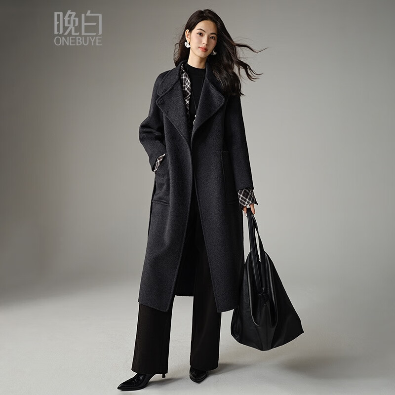 Late white, loose-fitting, relaxed wool coat, winter lace-up design, warm long coat for women, carbon gray M
