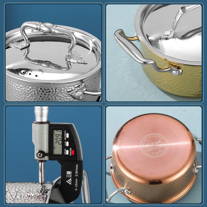 FIREQL304 stainless steel inflatable single-person small hot pot, one-person household outdoor pot, gas stove special pot, commercial rose gold leaf ear (Swiss style stove core 180 minutes) 17.5cm