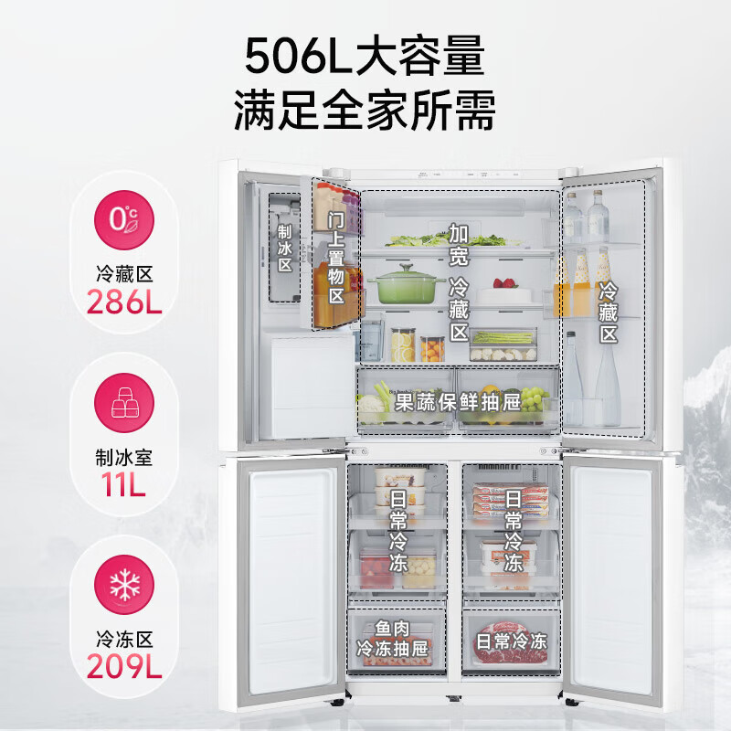 LG506 liter refrigerator four-door, cross-door automatic ice maker, ultra-thin household large-capacity partitioned refrigeration and freezing air-cooling, intelligent temperature control, energy-saving, frequency conversion, odor-free and fresh-keeping, blockbuster new ice-making series F544MEH62D Essence White