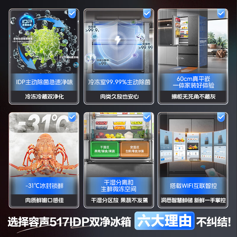Rongsheng double-purified 517L French multi-door refrigerator ultra-thin zero-embedded first-class energy efficiency air-cooled frost-free large-capacity active sterilization gray BCD-517WD2MPQLA national subsidy