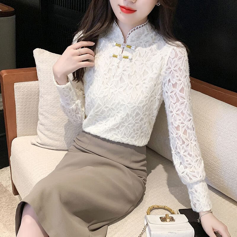 Pierre Cardin lace bottoming shirt for women 2025 autumn and winter new style new Chinese style plus velvet thickened buckle western style inner top for women apricot full body plus velvet S recommended 80-90 pounds