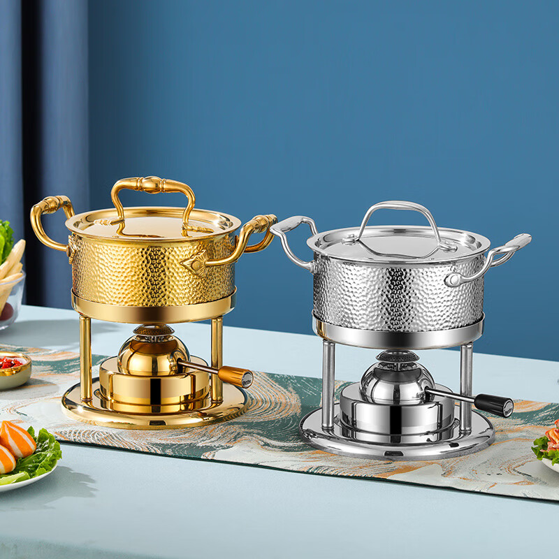 FIREQL304 stainless steel inflatable single-person small hot pot, one-person household outdoor pot, gas stove special pot, commercial rose gold leaf ear (Swiss style stove core 180 minutes) 17.5cm