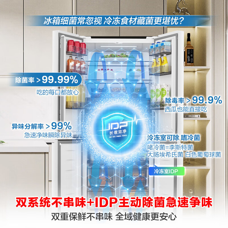 Rongsheng Refrigerator 516L Dual Purification Dual System Cross Four-Door Household First-Class Energy Efficiency Air-cooled Frost-free Large Capacity Refrigerator 526 Cross Model BCD-516WD1FPA IDP Active Sterilization 516L Dual Purification Dual System Cross White