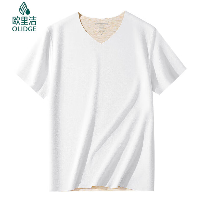OLIDGE wool mulberry silk velvet warm seamless short-sleeved underwear men's winter v-neck inner wear bottoming shirt autumn clothes men's fashion white L (120-135 pounds)