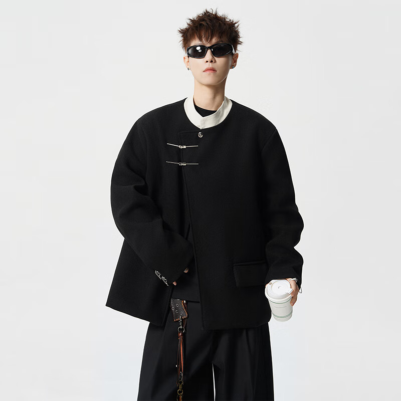 Homlean new Chinese style stand collar jacket men's autumn and winter high-end suit jacket tunic engagement dress HXF51 black L