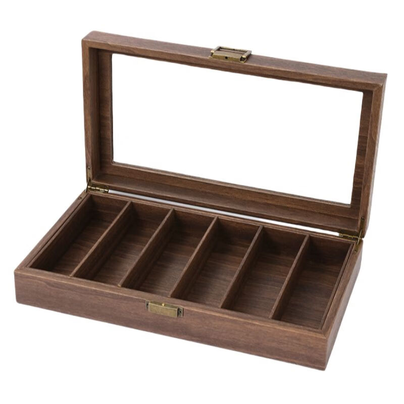 Yusenyi 6-digit wood grain leather glasses storage box, retro 6-compartment sunglasses display collection box with lock and dustproof 6-compartment wood grain leather glasses storage box
