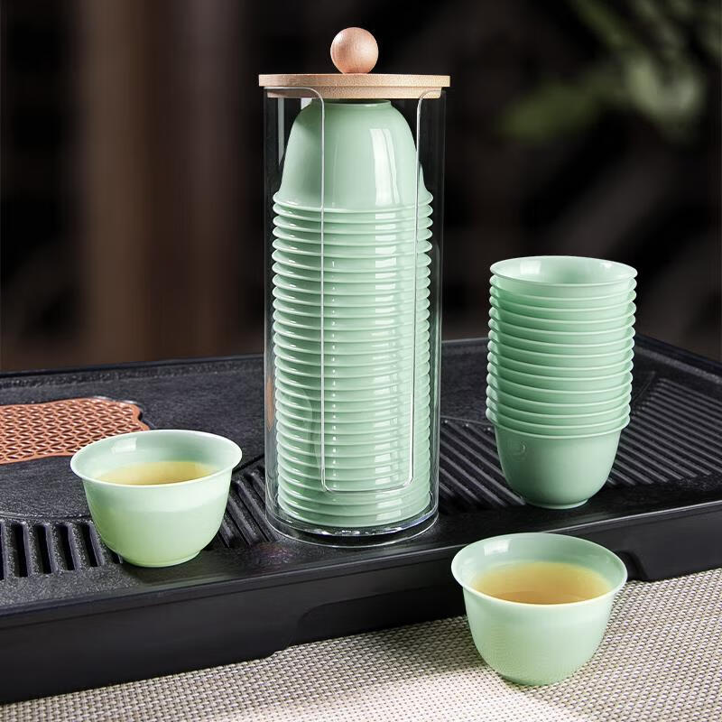 JCZS Chaoshan Authentic Disposable Jade Green Kung Fu Tea Cup Set Thickened Tea Set Outdoor Tea Drinking Supplies Free Cup Holder Jade Kung Fu Tea Cup 5 packs/250 pcs