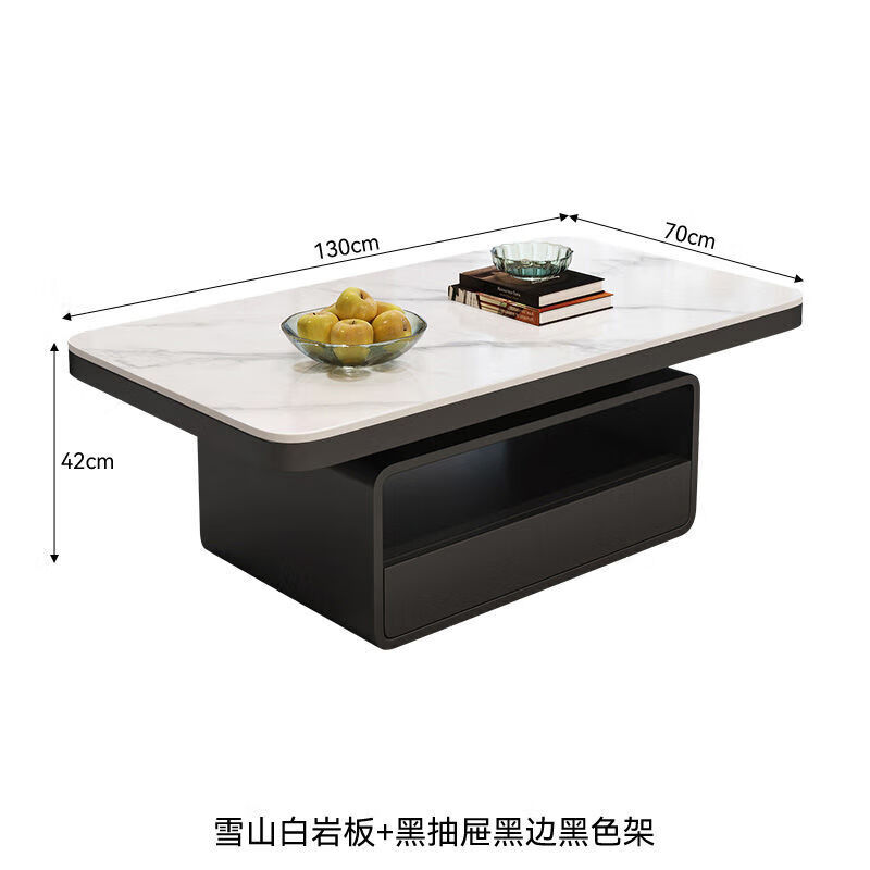 Light luxury modern cream style rectangular slate coffee table living room small apartment home designer high-end tea table glossy snow mountain white slate 130*70cm
