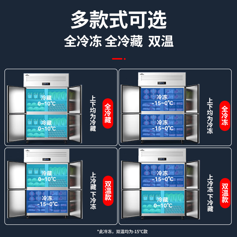 Snowflake commercial refrigerator four-door six-door stainless steel shelf fresh-keeping refrigeration and freezing large-capacity catering hotel kitchen vertical display cabinet large four-door dual temperature | upper refrigeration and lower freezing | first-level energy saving | pure copper refrigeration