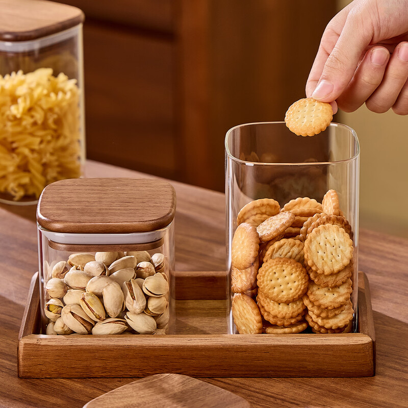 Anmi black walnut food-grade glass sealed jar snack nut dry goods storage box high borosilicate storage storage jar high borosilicate glass 1000ml-6 pieces (black walnut lid)