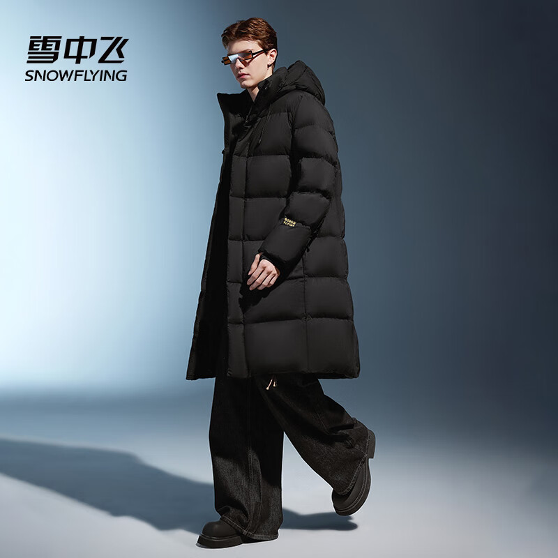 Flying in the snow, same style for men and women, 25-year winter obsidian mid-length fashionable thickened couple down jacket, black L
