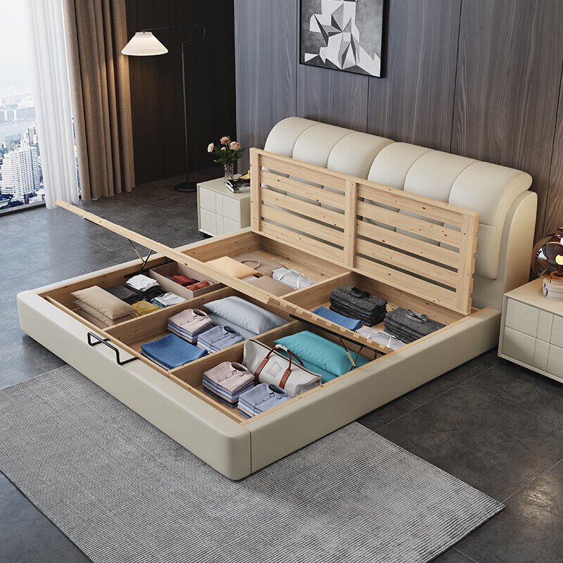 Sanskrit Guangdong Foshan leather bed modern simple master bedroom soft bed 1.8m x 2m cream style edge-to-side storage wedding bed