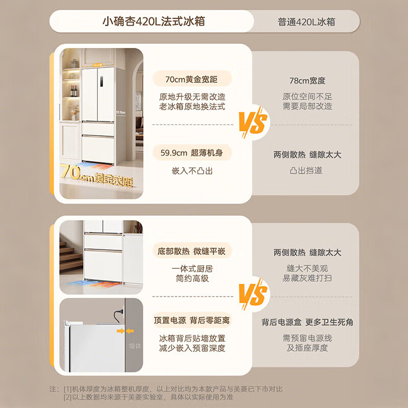 MeiLing Xiaoquexing refrigerator 401/420 liter French four-door double-door multi-door household ultra-narrow and ultra-thin zero-embedded first-class air-cooled frost-free subsidy refrigerator 420 liters active sterilization 4mm thin inlay Xiaoquexing