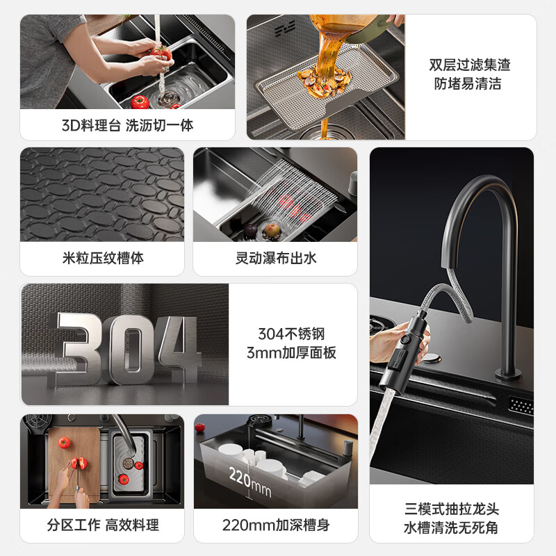 Vanward sink large single sink kitchen 304 stainless steel sink waterfall honeycomb embossed nano dishwashing sink W5 pro