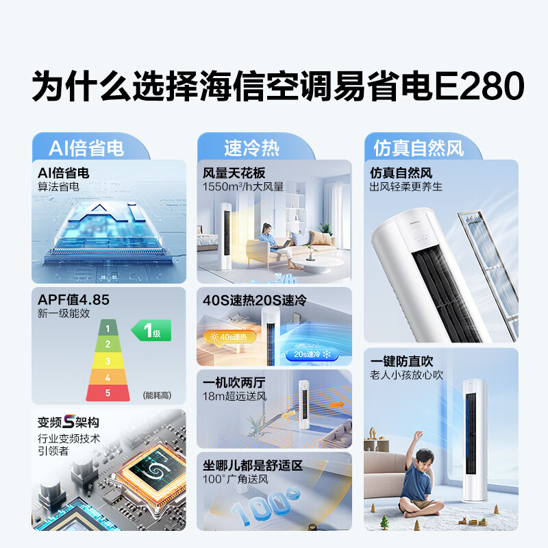 Hisense air conditioner easy power saving E280 large 2 HP AI power saving fast cooling and heating simulated natural wind level 1 energy efficiency pure copper tube vertical air conditioning cabinet KFR-50LW/E280-X1