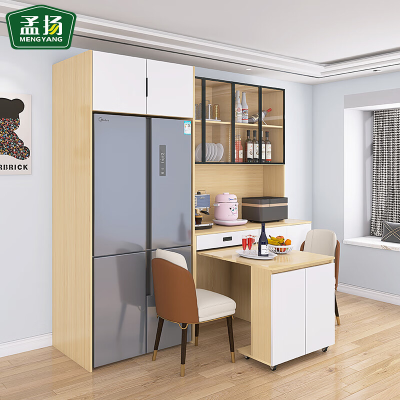 Mengyang sideboard and dining table integrated foldable living room household small apartment built-in refrigerator cabinet combination wall storage cabinet refrigerator cabinet + 4-door sideboard + folding dining table overall 18MM solid wood ecological board