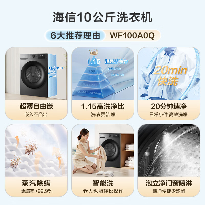 Hisense fully automatic front-loading single-wash washing machine 10KG ultra-thin high cleaning ratio first-class energy efficiency small rental household WF100A0Q trade-in appliance subsidy JD.com self-operated