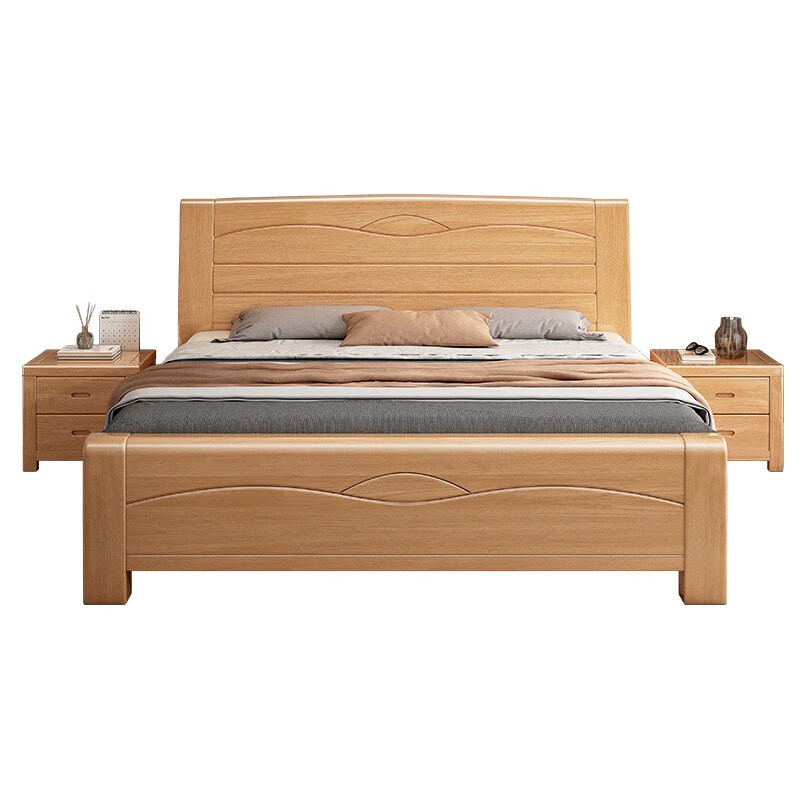 Hengyu beech solid wood bed simple log style 1.5m mortise and tenon structure large bed master bedroom 1.8m wedding bed storage bed beech single bed 1.5x2m frame style