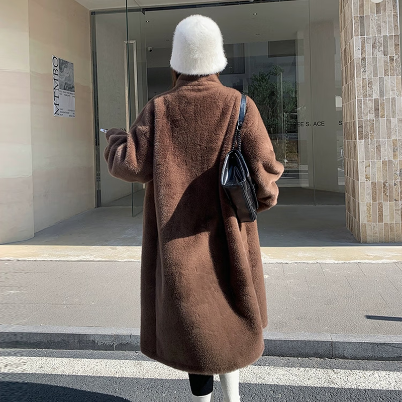 Fur coat for women winter new style thickened long stand collar imitation mink fur eco-friendly fur coat for women autumn and winter off-white plus velvet M 110-130 catties