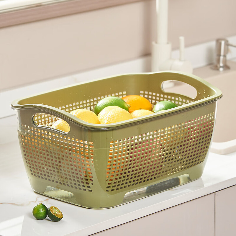 2025 New Drainage Basket Fruit Plate Living Room Coffee Table Rice Drainage Basket Kitchen Household Double-layered Sink Basin Large Big Mac Large Double-layered Drainage Basket Olive Green Weight Approximately 730g