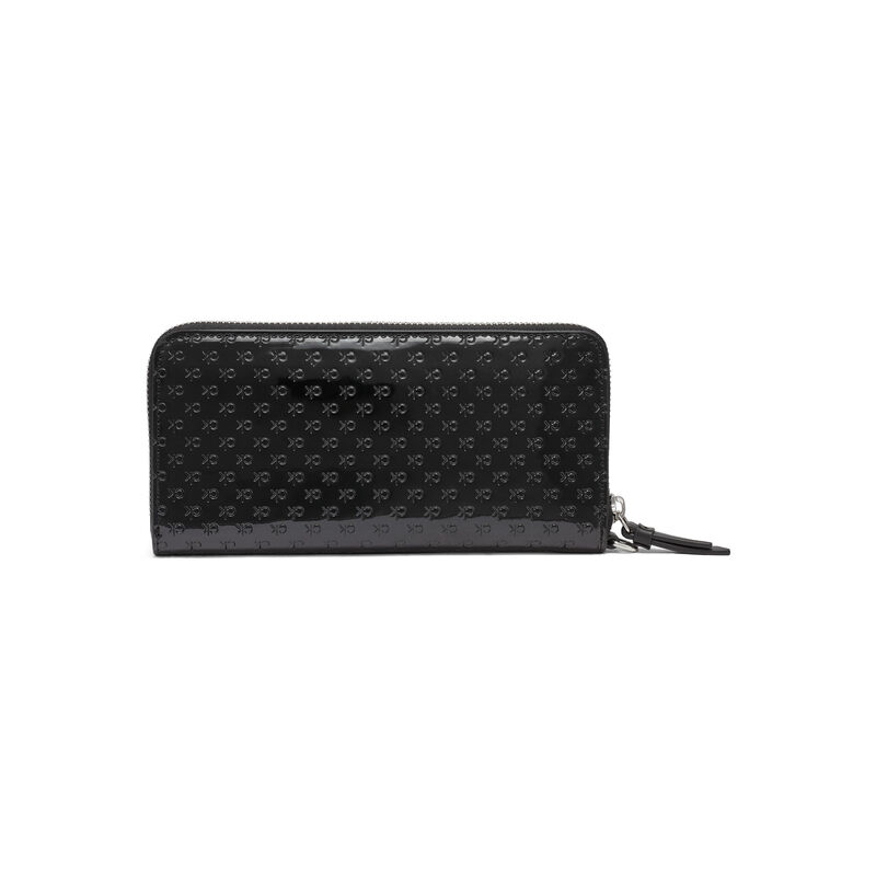 Calvin Klein Key Item Cross Pattern European Zip Wallet with Wrist Strap, Black/Silver Patent Embossed, One Size Black/Silver Patent Embossed One Size