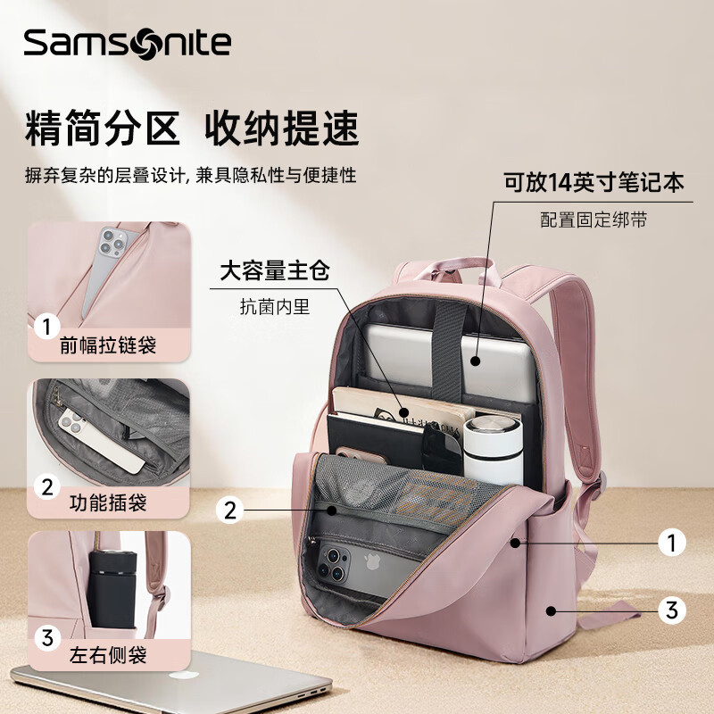 Samsonite Backpack Women's Business Commuting Backpack 14-inch Antibacterial Computer Bag Business Travel Fashion Casual Pink School Bag
