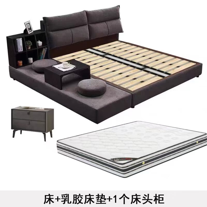 Omijiang light luxury wash-free technology cloth bed modern simple solid wood fabric bed master bedroom bed tatami double bed wedding bed soft package 6 tatami bed 1 set + natural latex mattress + upgraded version of the frame + one bed 1350mm*2000mm x assembled frame bed