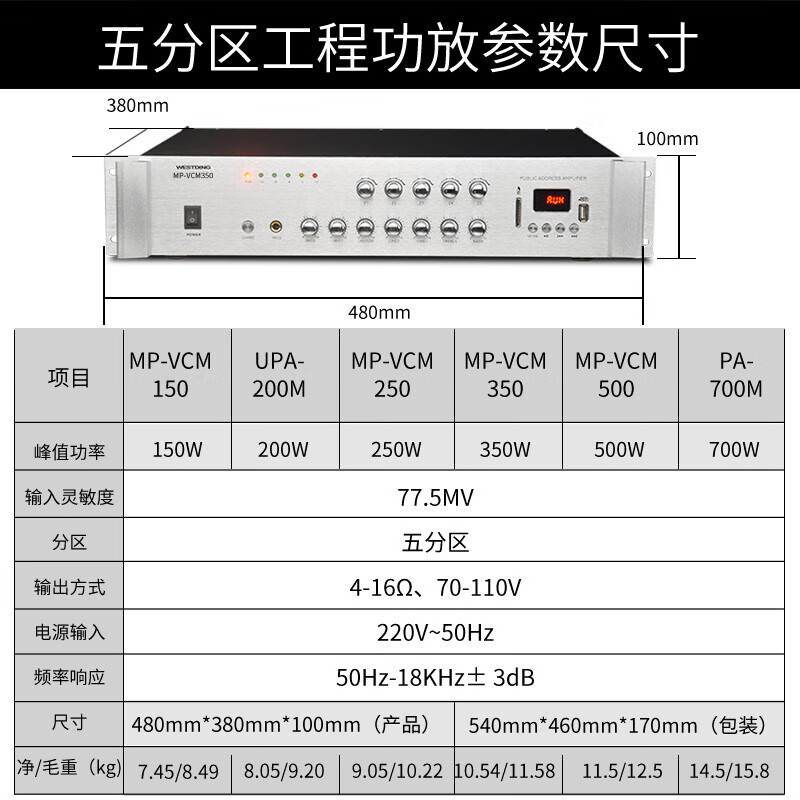 Westin 350W Bluetooth amplifier public broadcast ceiling speaker home theater background music set home conference room engineering broadcast speaker audio constant voltage amplifier