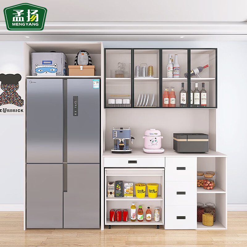 Mengyang sideboard and dining table integrated foldable living room household small apartment built-in refrigerator cabinet combination wall storage cabinet refrigerator cabinet + 4-door sideboard + folding dining table overall 18MM solid wood ecological board